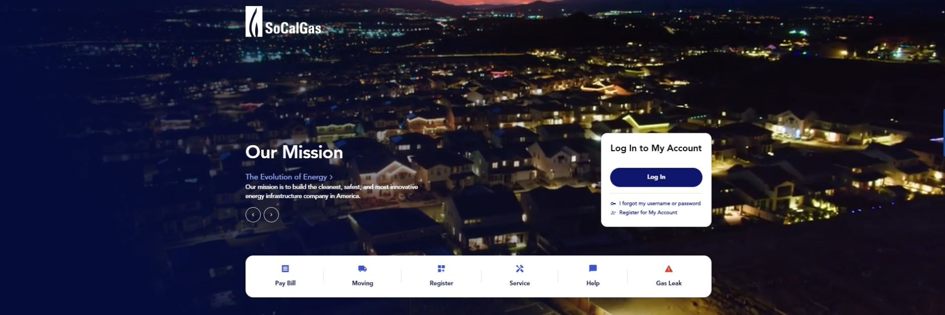 SoCalGas Website Homepage Screen Showing Login and Video of Southern California looping in the background